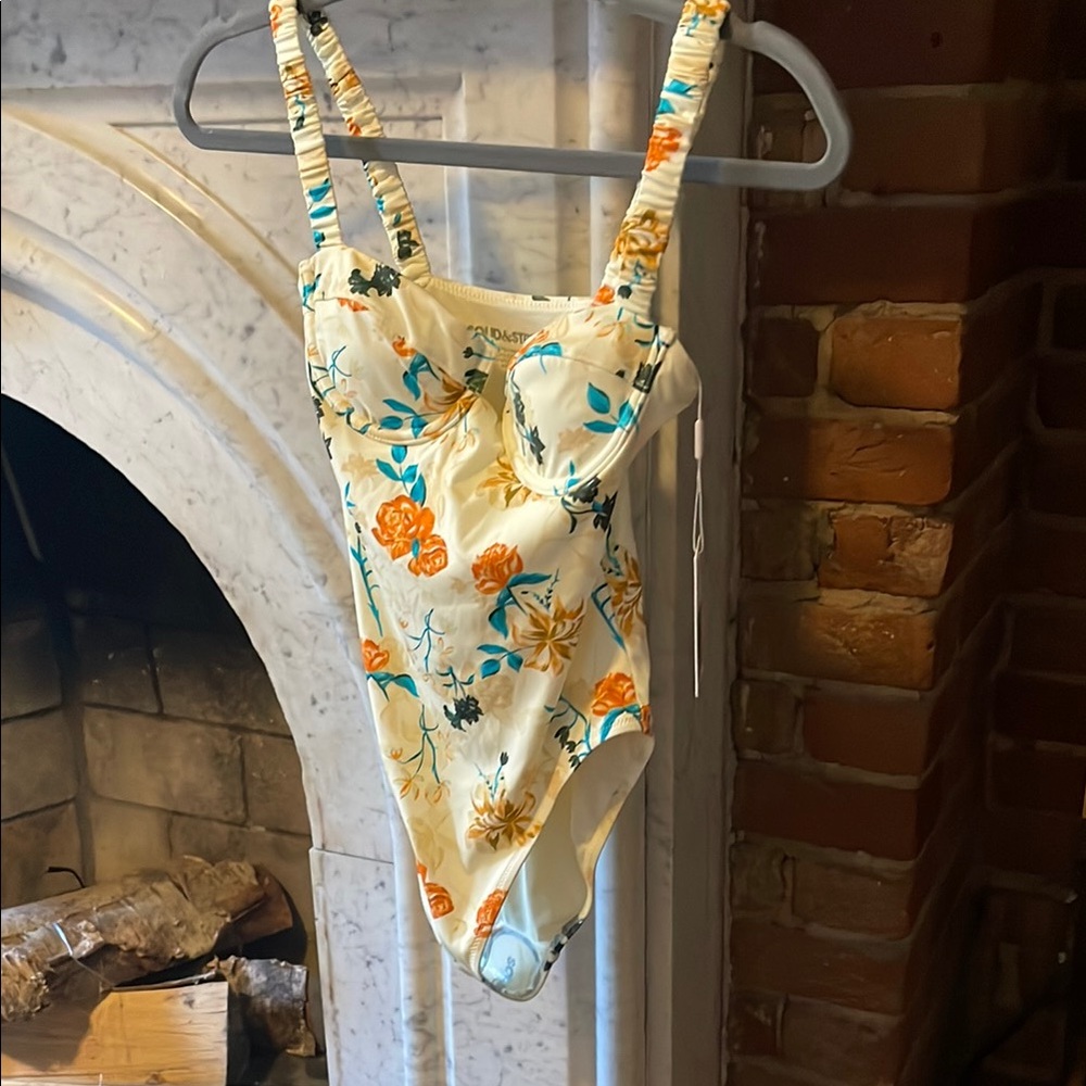 SOLID & STRIPED Floral Swimsuit in Orange and Blue